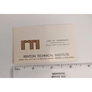 Vintage Renton Technical Institute Business Card Leo Krewson Appliance Repair